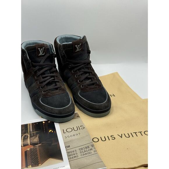RARE!!! LOUIS VUITTON Tribe Blue Brown Suede Nubuck High Top Sneakers Sz LV 6.5 - Picture 2 of 16